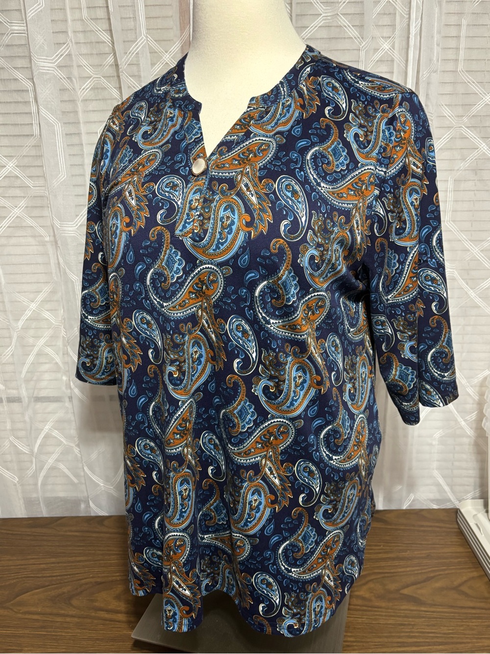 LIENRIDY 3X Women's Navy Paisley Split-Neck tunic 4/4L sleeve 27 p2p 32” L